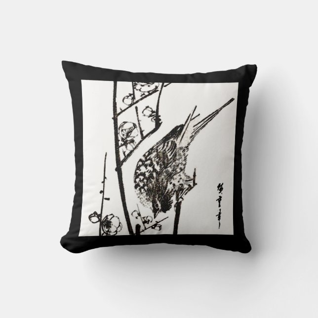 Almofada Pássaro Japonês em uma ramificação - Preto e Branc (Frente)