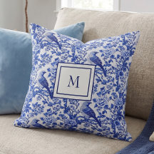 Pássaro Monograma Floral Chinoiserie Azul