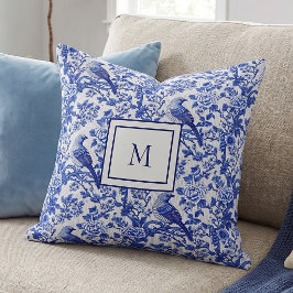 Almofada Pássaro Monograma Floral Chinoiserie Azul