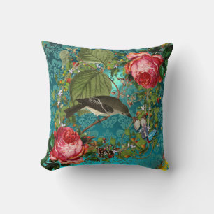 ALMOFADA PÁSSARO, PINK ROSES BOTTERFLIOS AQUA AZUL, DAMASK