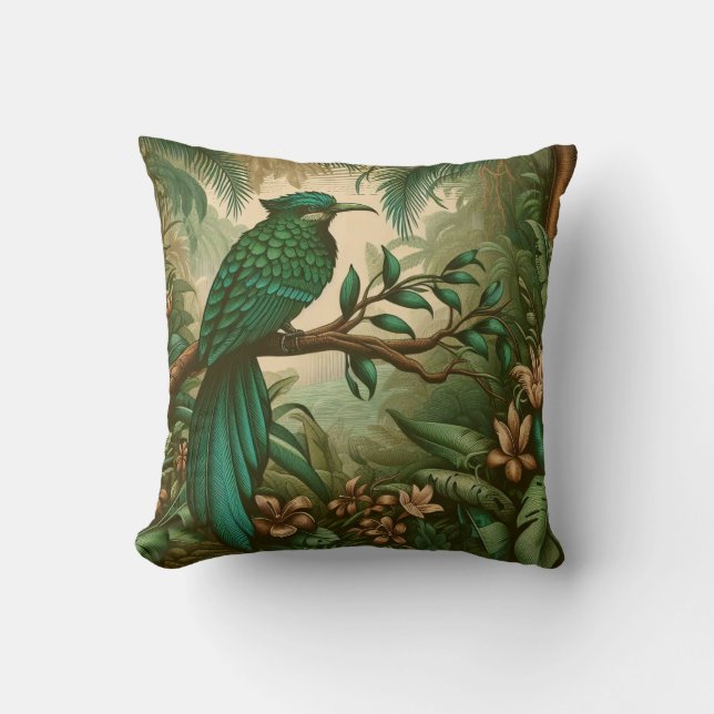Almofada Pássaro Tropical na Selva Verde Lush 2 (Frente)