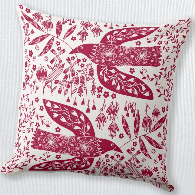 Almofada Pássaro Vermelho (Red and white peace dove bird folk art style throw pillow)