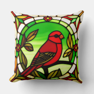 Almofada Pássaro Vermelho e Folhagem Verde