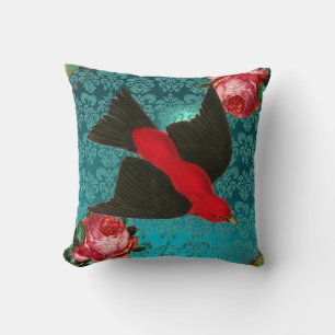 ALMOFADA PÁSSARO VERMELHO PRETO, PINCO ROSA AQUA AZUL, DANO
