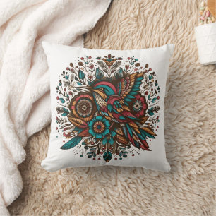 Almofada Pássaro vibrante e design floral em cores ricas