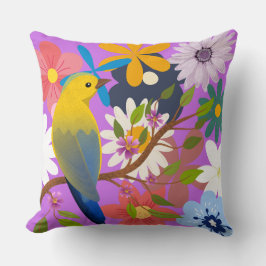 Almofada Pássaro Vibrante e Padrão Floral - Natureza Colori