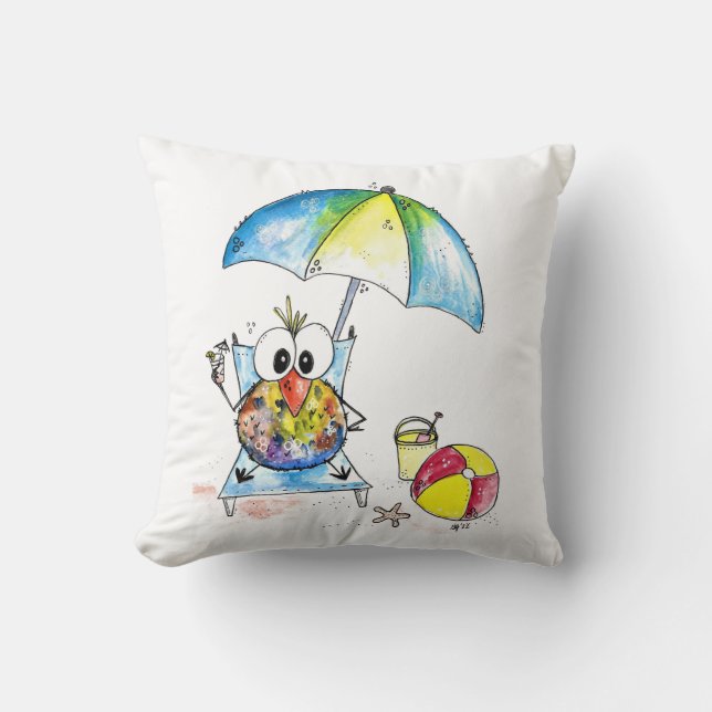 Almofada Pássaro Whimsical na Praia (Frente)