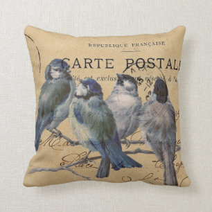 Almofada pássaros azuis, cartão-postal francês, chique