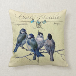 Almofada pássaros azuis num cartão postal francês antigo