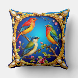 Almofada Pássaros Coloridos em Moldura Dourada Ornamentada