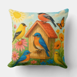 Almofada Pássaros Coloridos Percorrendo uma Casa de Aves