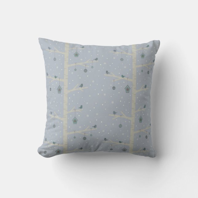 Almofada Pássaros de inverno Blue Xmas na árvore (Frente)