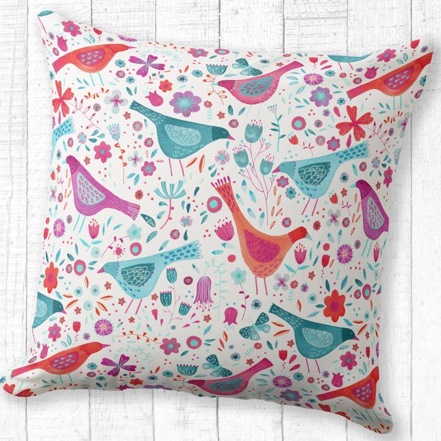 Almofada Pássaros e Flores Modernos de Aquarela Coloridos (Watercolor bird and flower pink, orange, red and teal art throw pillow)