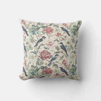 Almofada Pássaros em Chinoiserie e Desenho Floral de Peônia