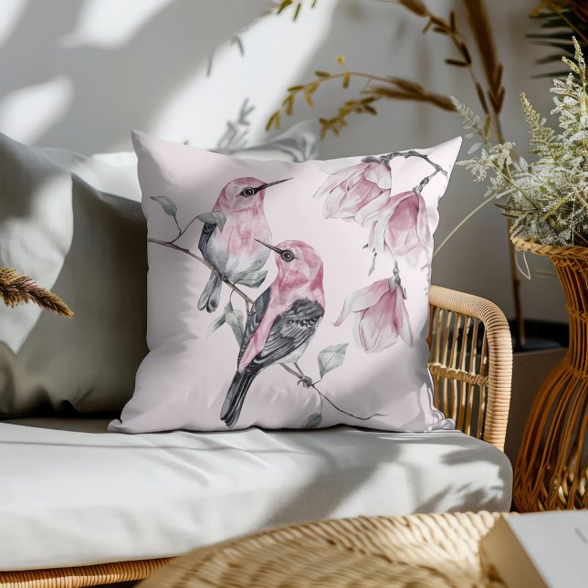 Almofada Pássaros & Florais Rosa em Aquarela (Criador carregado)