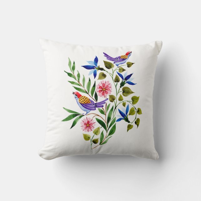 Almofada Pássaros Flores Aquarela Floral  (Frente)
