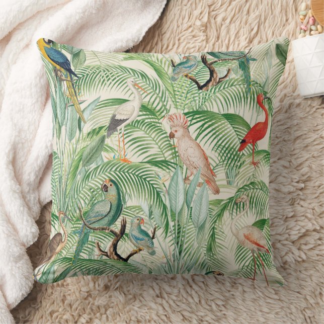 Almofada Pássaros Tropicais Antigos e Folhas de Palmeira Bo (Cobertor)