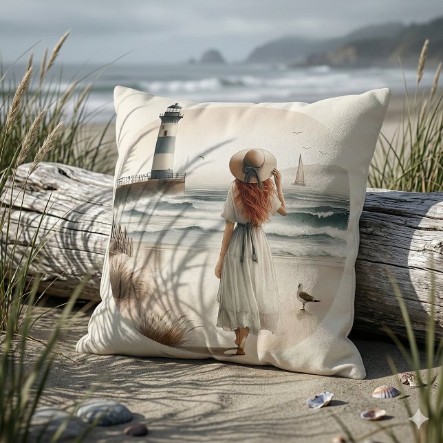 Almofada Passeio pelo Farol à Beira-Mar (Seaside Lighthouse Stroll Throw Pillow Mockup B)