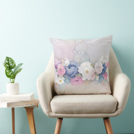 ALMOFADA PASTEL AZUL COM FLORES DE ROSA BRANCA E PINCA