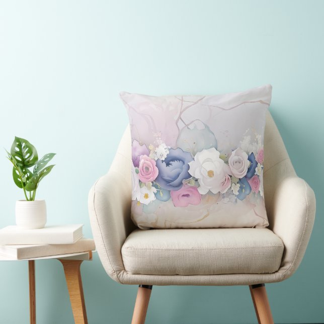ALMOFADA PASTEL AZUL COM FLORES DE ROSA BRANCA E PINCA (Cadeira)