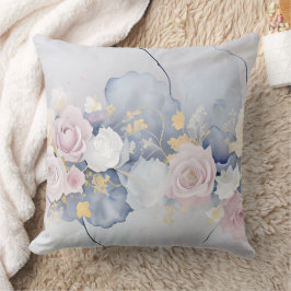 ALMOFADA PASTEL AZUL COM FLORES DE ROSA BRANCA E PINCA