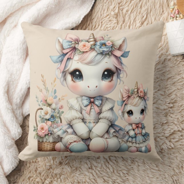 Almofada Pastel Kawaii Unicorn Mãe Filha Duo Beige (Cobertor)