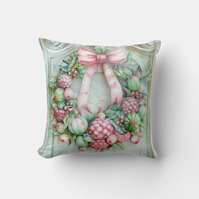 Almofada Pastel Pink and Green Christmas Throw Pillow (Frente)