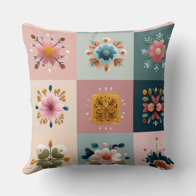Almofada Pastel Snowflake & Floral Patchwork Throw Pillow – (Verso)