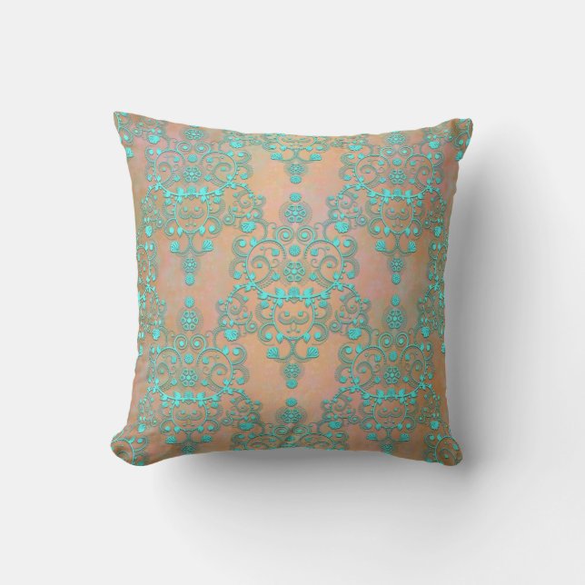 Almofada Pastel Teal sobre Peachy Dourado Damask (Frente)
