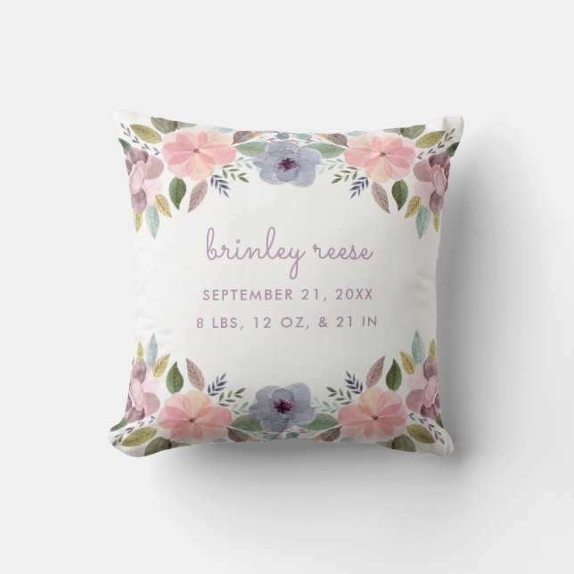 Almofada Pastel Watercolor Floral Birth Information Baby (Frente)