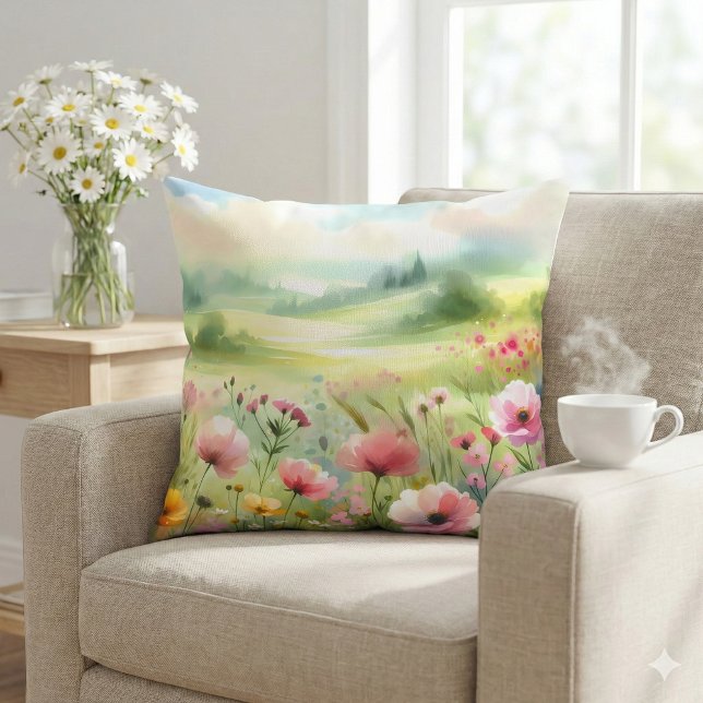 Almofada Pastel Wildflower Meadow Landscape (Pastel Wildflower Meadow Landscape Throw Pillow Mockup A)