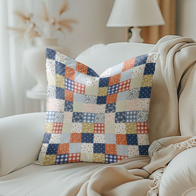 Almofada Patches Vermelho e Azul (Red and Blue Patchwork Throw Pillow)