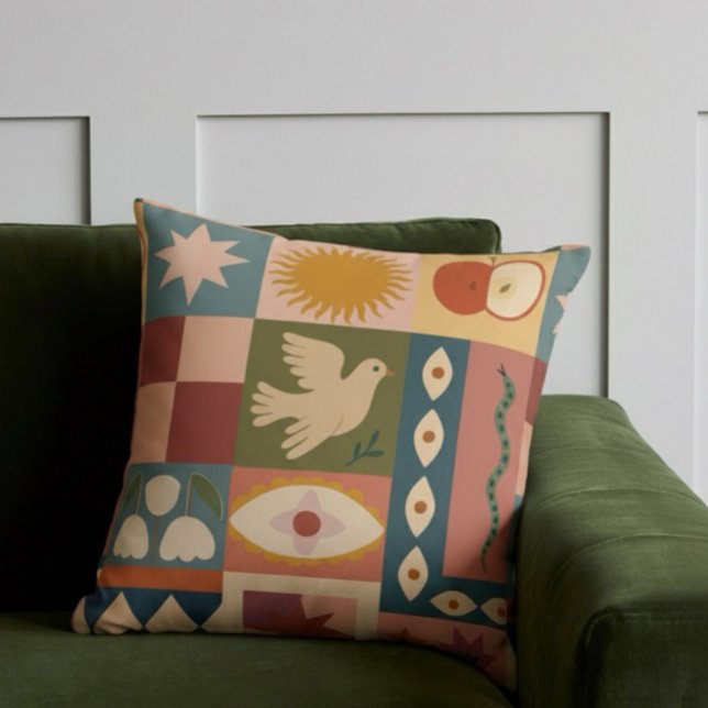 Almofada Patchwork celestial boêmica com símbolos místicos (Criador carregado)