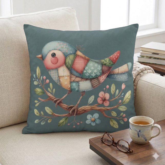 Almofada Patchwork Songbird on Blooming Branch (Patchwork Songbird on Blooming Branch Throw PilloW Mockup A)