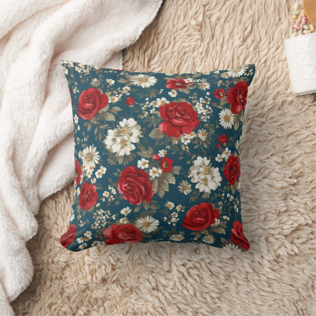 Almofada Pátrio Vermelho Azul Branco Floral (11) (Cobertor)