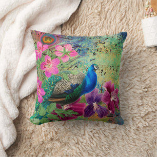 Almofada Pavão Azul Elegante Flores Rosa Verde