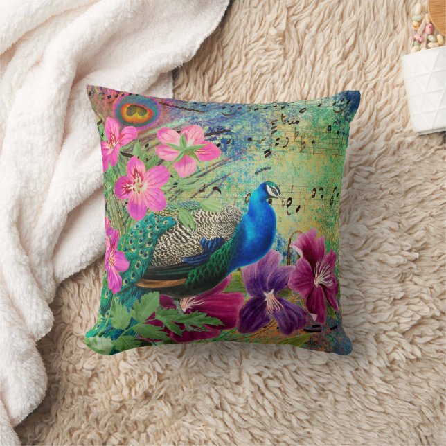 Almofada Pavão Azul Elegante Flores Rosa Verde (Cobertor)