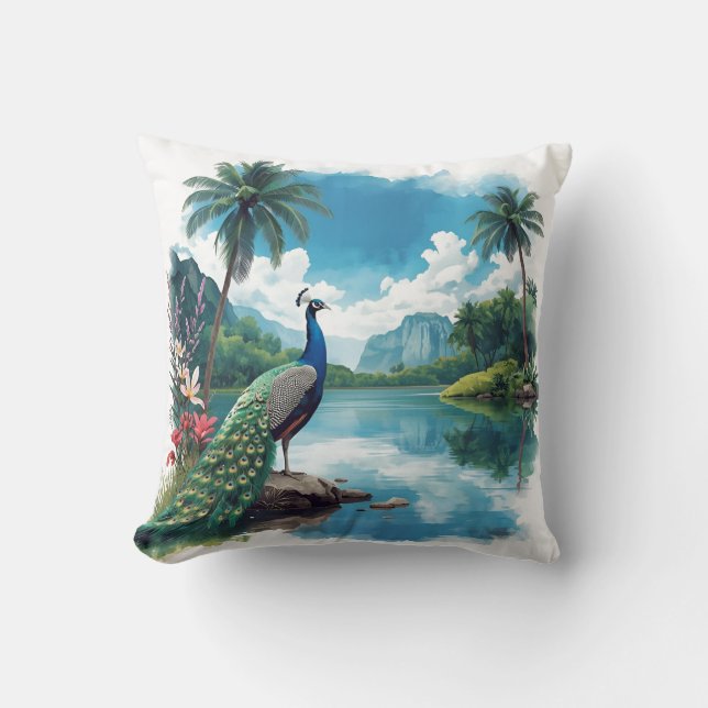 Almofada Pavão Bonito em um Paraíso Tropical (Frente)