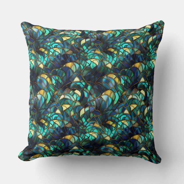 Almofada Pavão de Vidro Colorido Azul e Dourado (Frente)