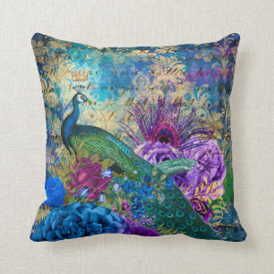Almofada Pavão e Flores Ilustrados Antigos com Efeito Grung