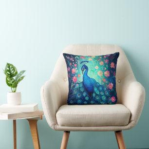 Almofada Pavão - Penas Azuis de Aqua Verde e Flores Rosa