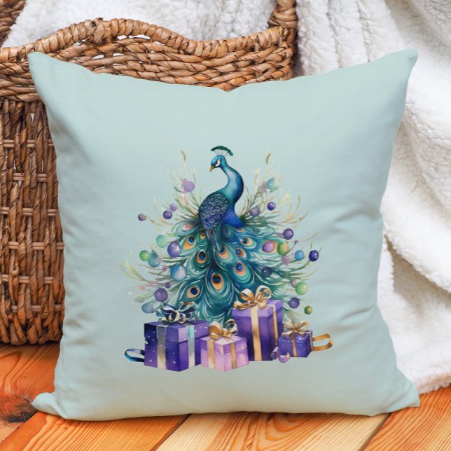 Almofada Pavock Natal Purple Blue Teal (Purple and teal peacock Christmas decorator pillow.)