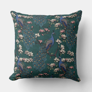 Almofada Pavões Azuis Elegantes, Flores Magnólia, Ramais
