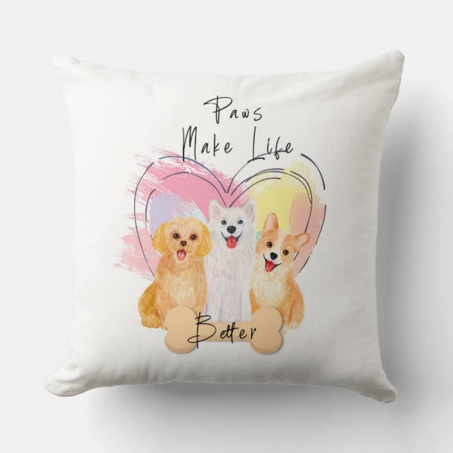 Almofada Paws Make Life Better Pillow – Cute Trio of Happy  (Frente)