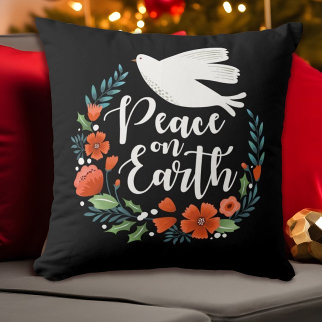 Almofada Paz de Natal na Terra (An elegant Christma s pillow featuring the words, peace on earth, and a dove)