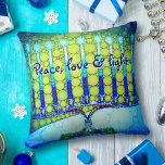 Almofada Peace Love Light Blue Chanukkah Menorah<br><div class="desc">"Paz, amor e luz." Uma fotografia de perto de uma menorah brilhante, colorida, azul e verde artística ajuda-o a lançar no feriado de Hanukkah no estilo. Sinta o calor e a alegria da temporada de festas sempre que você relaxa nesse travesseiro decorativo chanucá, maravilhoso e colorido. Faz um conjunto impressionante...</div>