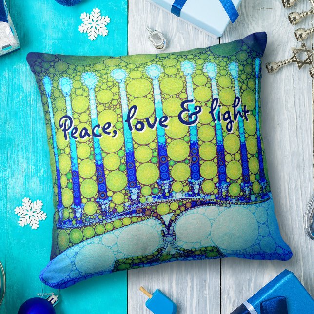 Almofada Peace Love Light Blue Chanukkah Menorah (Criador carregado)