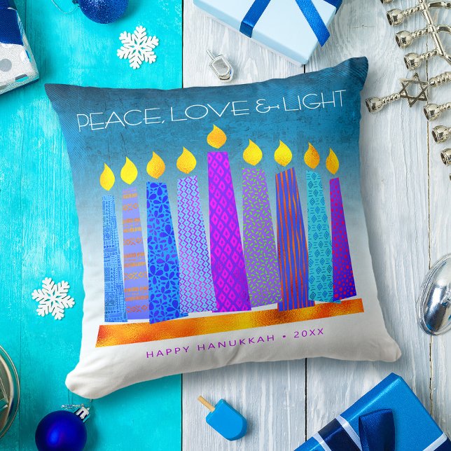 Almofada Peace Love Light Hanukkah Candles Turquoise (Criador carregado)