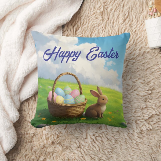 Almofada Peaceful Easter Spring Meadow Bunny & Egg Basket (Cobertor)