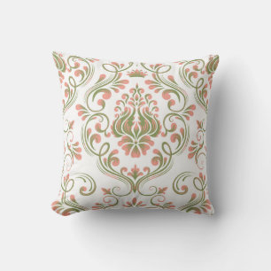 Almofada Peach e Sage Green Damask Floral Patterno Elegante